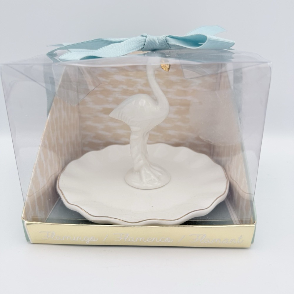 Tri-Coastal Design Flamingo White with Gold Trim Ring Jewelry Holder Dish NIB‎